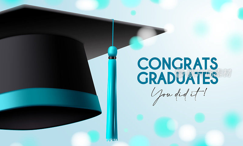 毕业信息矢量设计。祝贺毕业生文字与3d学士帽在散景灯背景为大学毕业典礼庆祝。