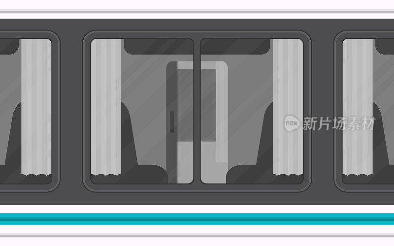 火车车厢的窗户。火车在外面。卡通风格。平的风格。