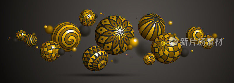 现实装饰的黄金球体矢量插图，抽象的背景与美丽的球的光泽的黄金与模式和景深效果，3D球体设计概念艺术。