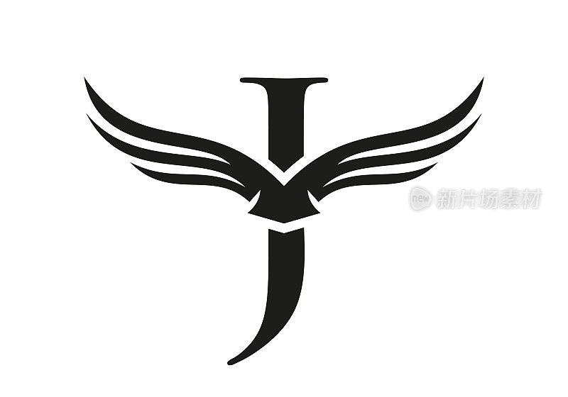 字母J翼标志设计。初始飞行翼J字母标志。字母J翅膀符号概念