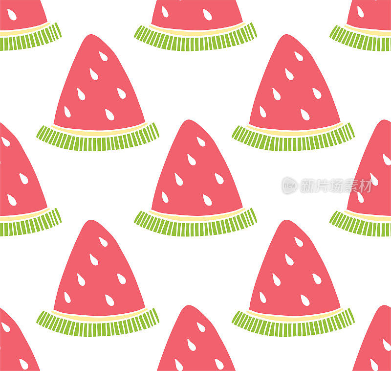 有趣的西瓜片。创意无缝模式矢量插图。夏天的设计与浆果和水果在白色的背景。