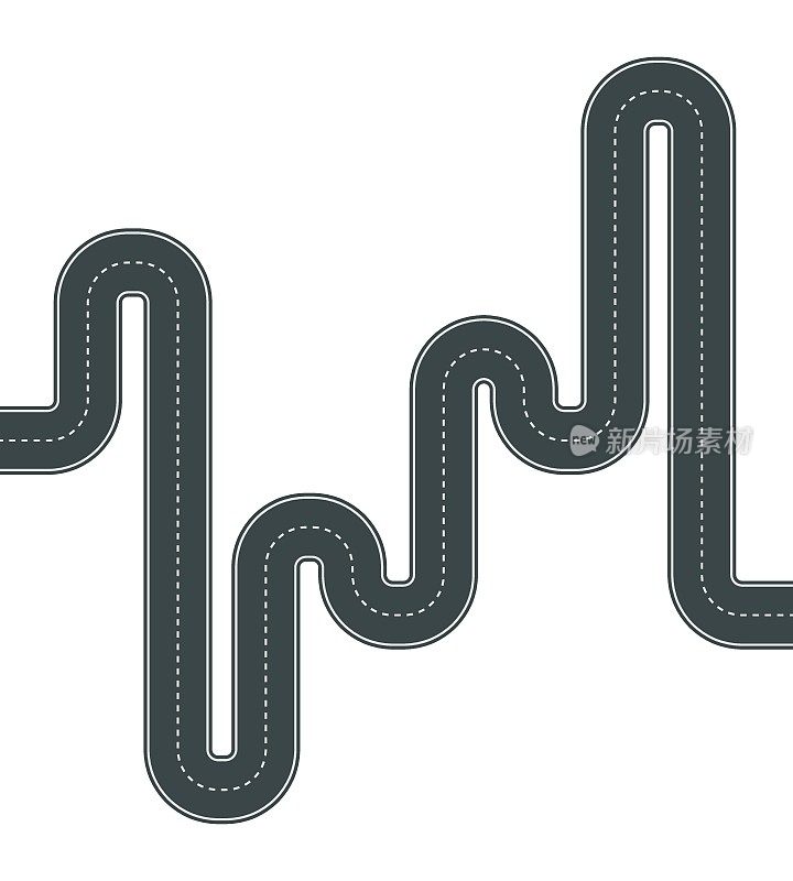 弯曲道路的矢量插图与白色背景上的白色标记隔离。空荡的柏油路，俯视图上有弯道。蜿蜒的公路模板。