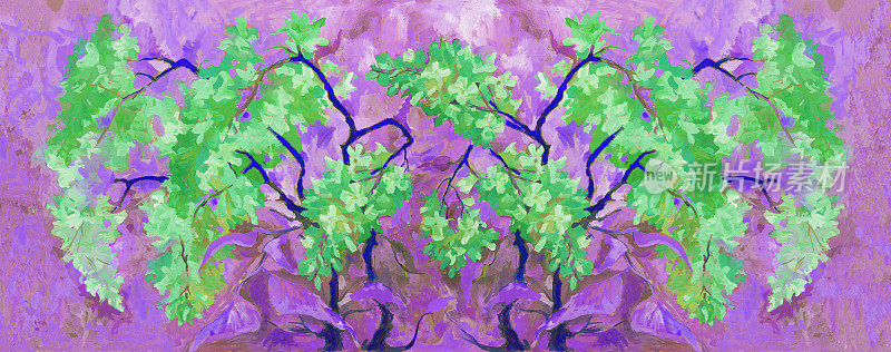 插图油画春季风景盛开的紫丁香灌木在树木和灌木在紫罗兰色调的背景