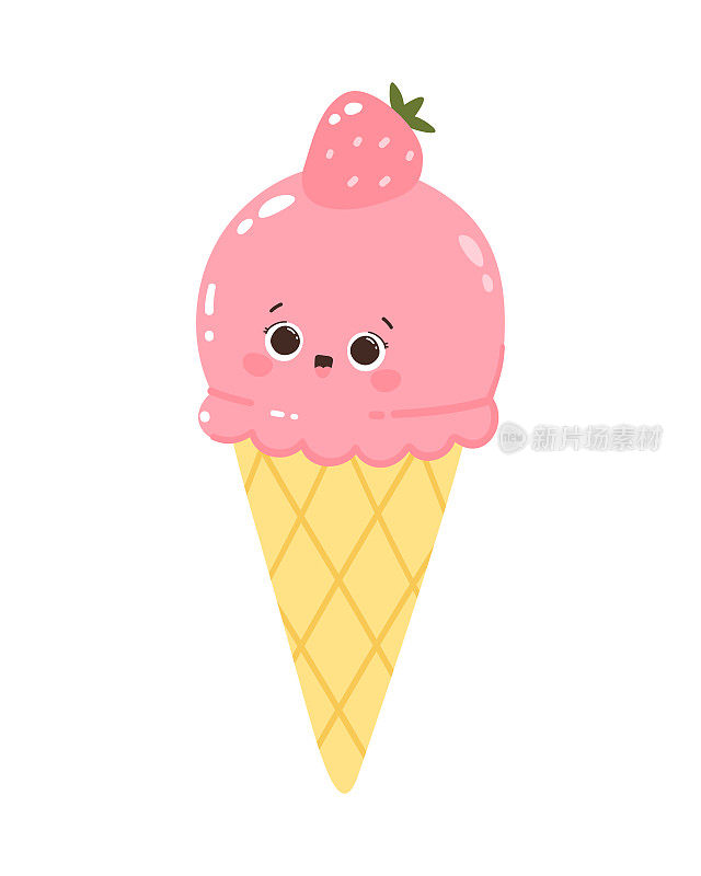 可爱的矢量人物冰棒，圆锥体里装着草莓。冷甜点冰淇淋。夏天的甜蜜。孤立在白色背景中
