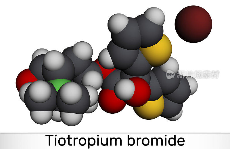 Tiotropium溴的分子。抗曲霉碱支气管扩张剂用于治疗慢性阻塞性肺疾病COPD、哮喘。分子模型。三维渲染