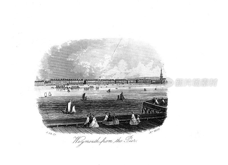 1860年韦茅斯、梅尔库姆里吉斯及周边地区的黑白景观;从码头俯瞰韦茅斯