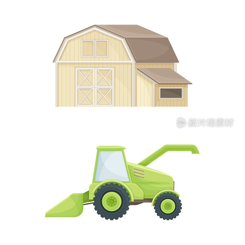 木谷仓农业建筑和拖拉机重型农业机械矢量插图