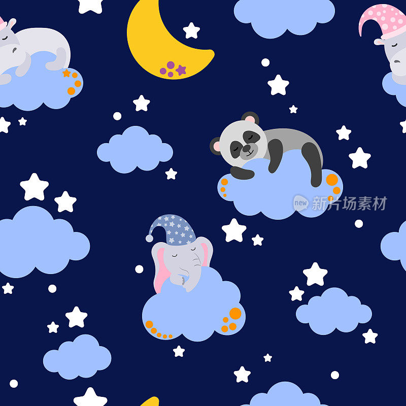 无缝模式。可爱的河马，熊猫和大象正在蓝色背景的云上睡觉。主题的摇篮曲