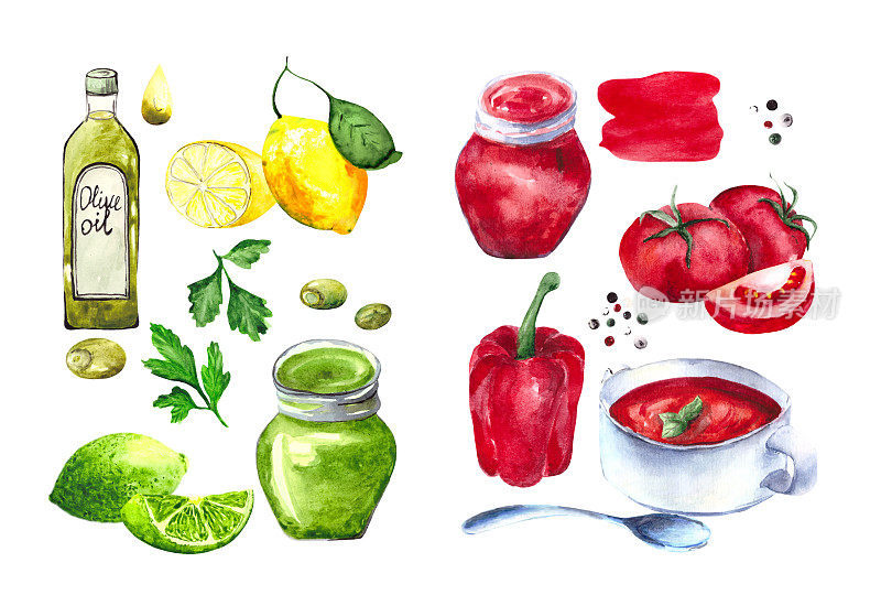 在白色的背景下，一组彩色的菜肴和蔬菜。水彩画。西红柿，辣椒，橄榄，欧芹，香蒜沙司，西班牙凉菜汤，番茄酱，柠檬和橄榄油。厨房的装饰。