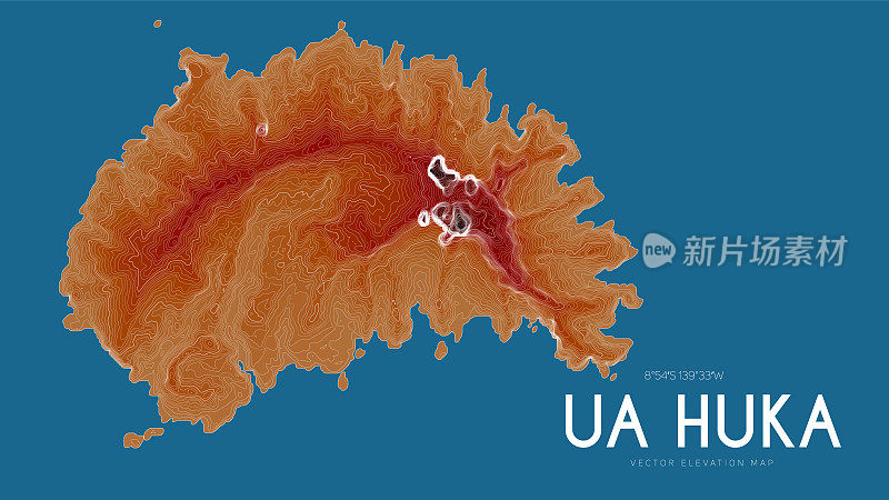 太平洋法属波利尼西亚的乌阿胡卡，马克萨斯群岛的地形图。海岛矢量详细高程图。地理优美的山水轮廓海报。