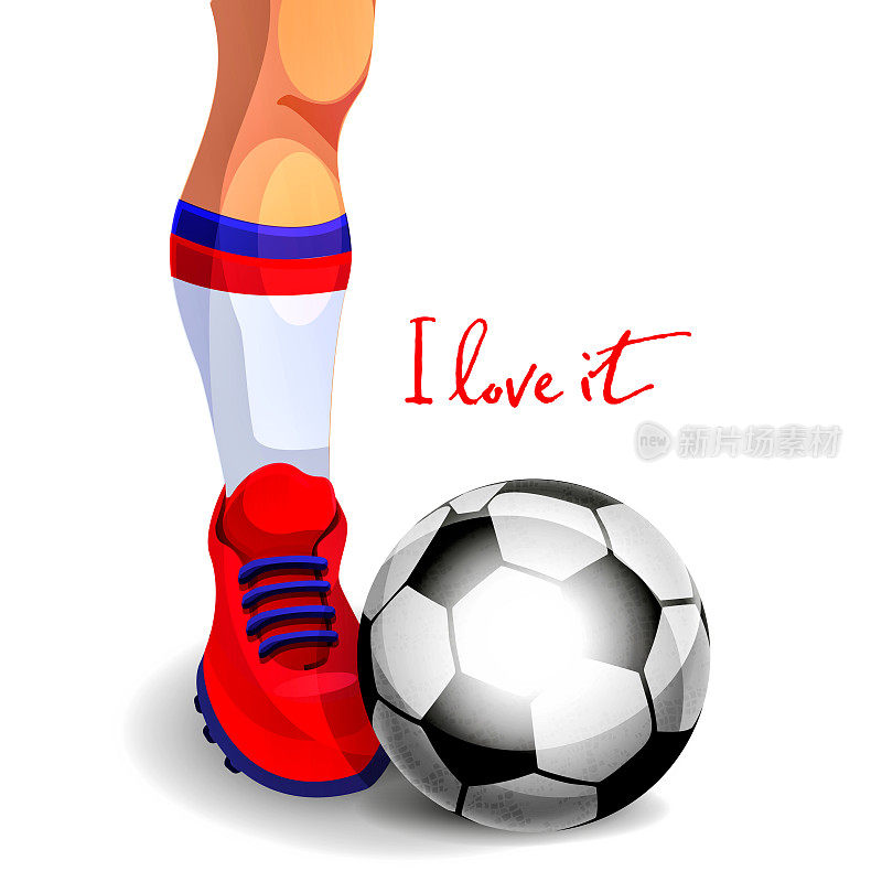 团队竞争、运动和胜利的概念。在孤立的白色背景上，一个足球运动员的脚。