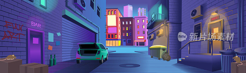 黑暗的后街小巷，有一个酒吧的门，一个垃圾桶，一辆卡通风格的晚上打开后备箱的汽车。游戏和移动应用程序的背景。