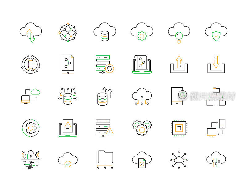 云技术相关的矢量细线图标。大纲符号集合