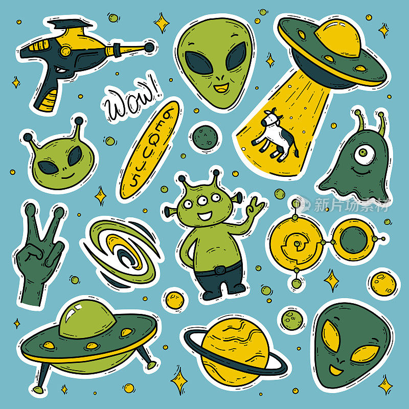 外星人，不明飞行物UFO矢量涂鸦贴纸集