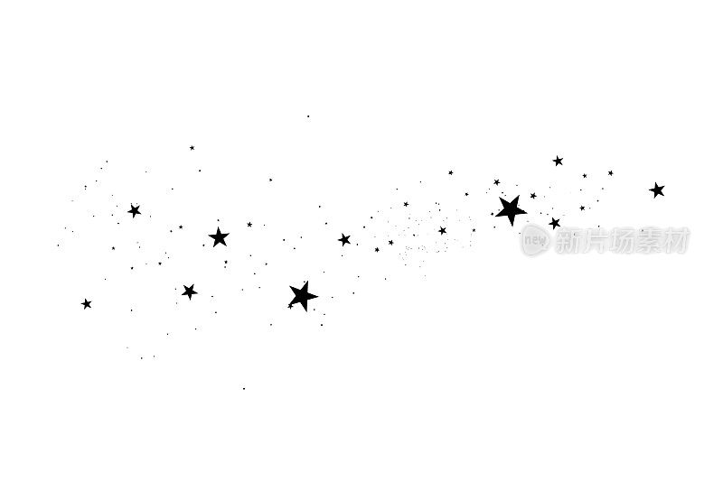 白色背景上的星星。黑色的星星与优雅的星星一起闪耀。流星体，彗星，小行星，恒星。