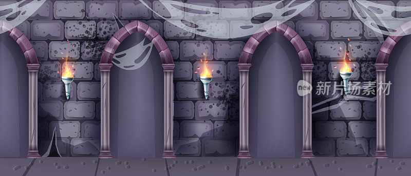城堡地下城内部无缝背景，矢量游戏中世纪夜廊，石拱墙。
