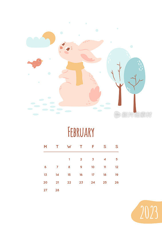 2023年2月日历。可爱的兔子裹着围巾，树上带着雪，天空，纹理，小鸟。