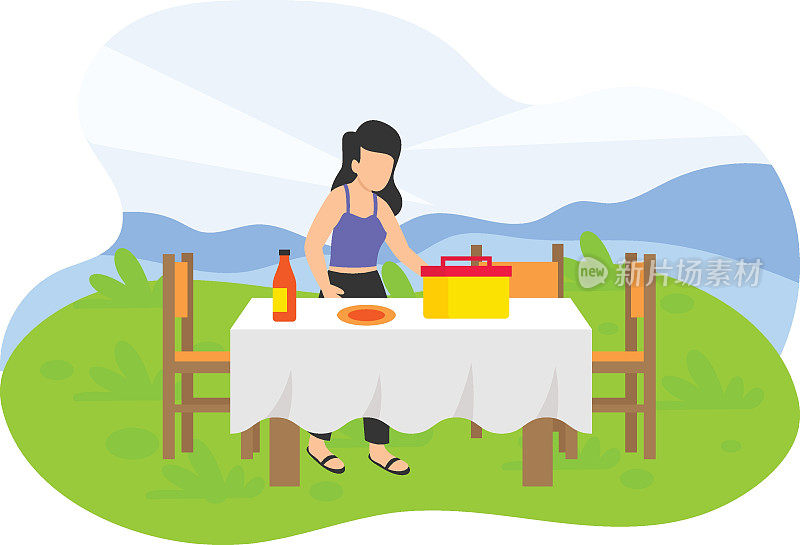 在野餐或森林概念服务桌，年轻女子安排食物矢量颜色图标设计，户外周末活动符号，旅游度假场景标志，快乐的人在假期股票插图