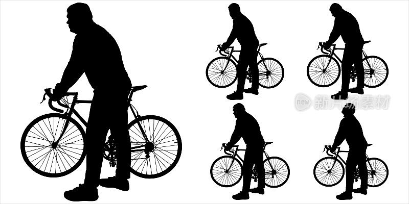 一个骑着自行车的年轻人审视着周围的一切，弯下身子，转过头来。侧视图。运动员。骑自行车旅游。五个黑人男性的剪影被隔离在白色上