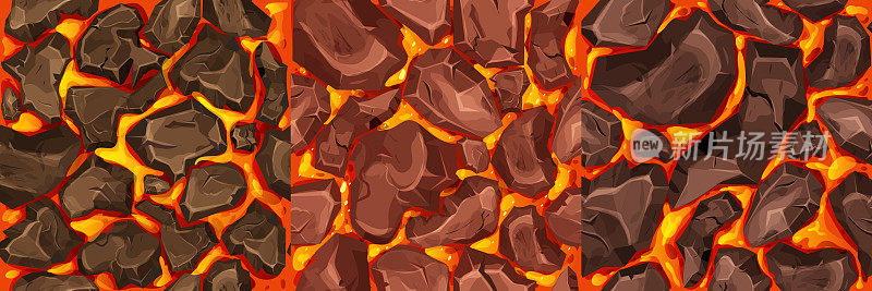 熔岩，岩浆与石头在卡通风格无缝的图案背景。火山喷发作用,景观。质地,设计。矢量图