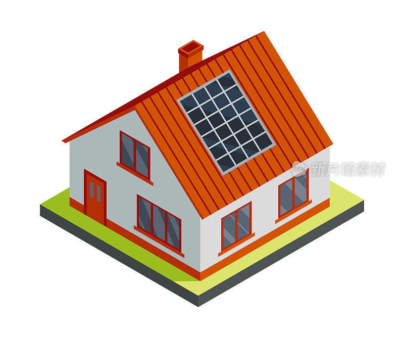 能源电网等距。家庭住宅配电元件。电力输送网络提供能源供应。太阳能