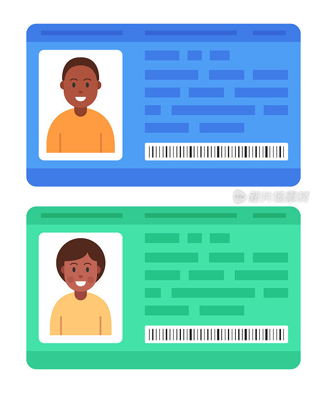 非裔美国人男女的卡通徽章。身份证。向量。