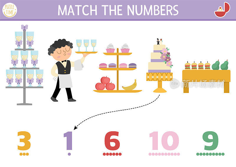 配对数字婚礼游戏与服务员和糖果棒食物。学前儿童结婚典礼数学活动。教育计数工作表与传统节日食品，甜点，蛋糕