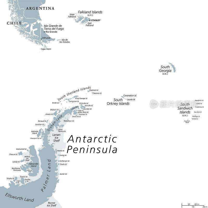 南极半岛地区，从巴塔哥尼亚到南极洲，灰色政治地图