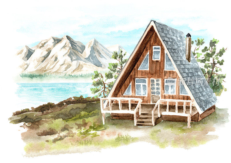 河边舒适的乡间小屋。手绘水彩插图，孤立在白色背景上