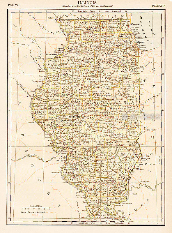 美国伊利诺伊州地图，1878年