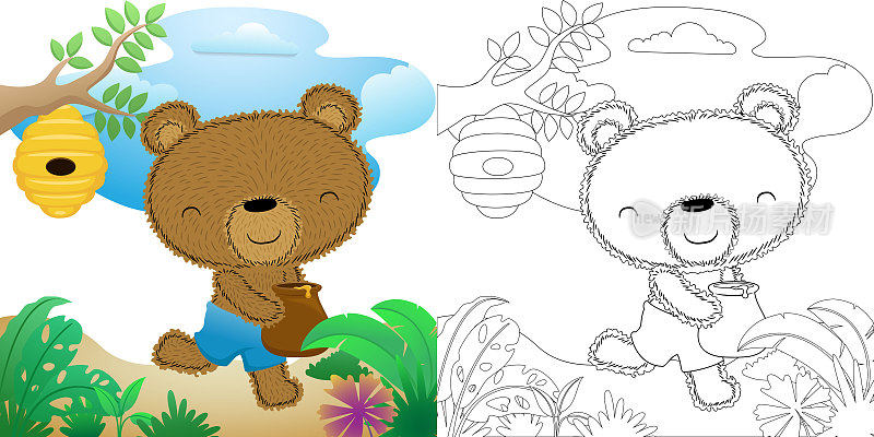 可爱的小熊卡通抱着蜂蜜罐在森林里