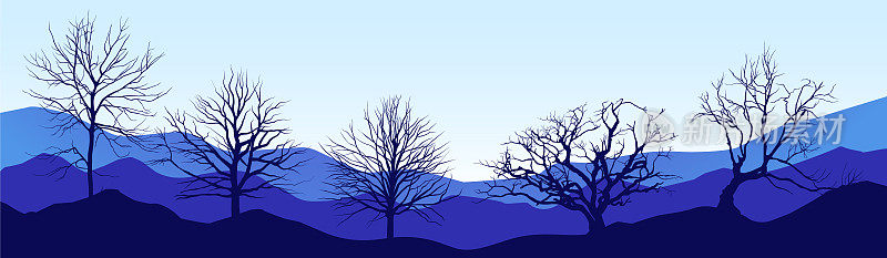 景观背景。裸树。福勒斯特旗帜。山的风景。