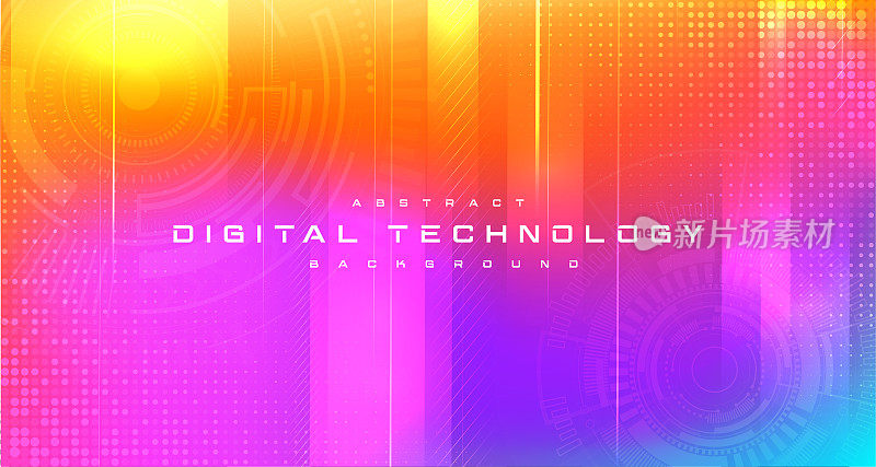 数字技术旗帜紫橙粉背景概念，网络技术，抽象高科技，创新未来数据，互联网网络，Ai大数据，线点连接，插图矢量