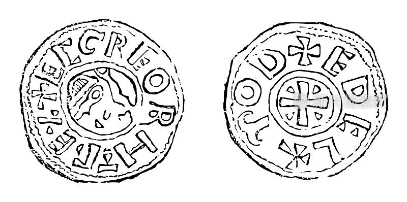 中世纪盎格鲁-撒克逊银便士的埃格伯特-古董雕刻插图