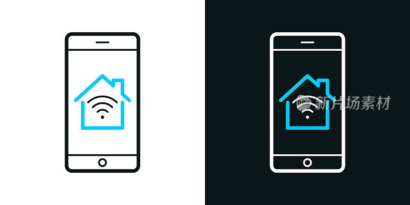 智能手机与智能家居。黑色或白色背景上的双色线图标-可编辑的笔画