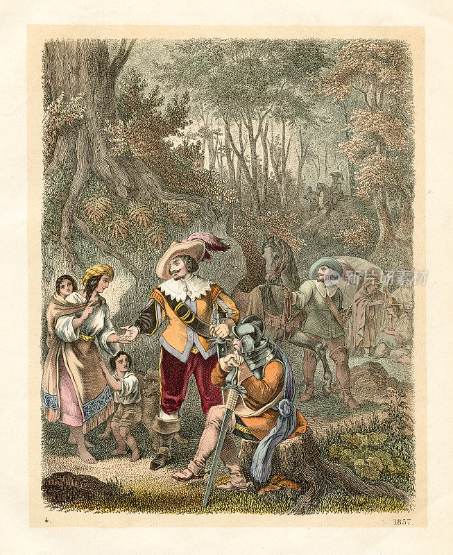 士兵和军官在1857年的木版插图中上色