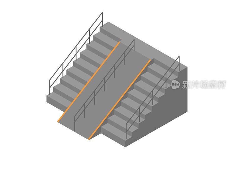 楼梯和坡道的等距视图。简单的平面插图。