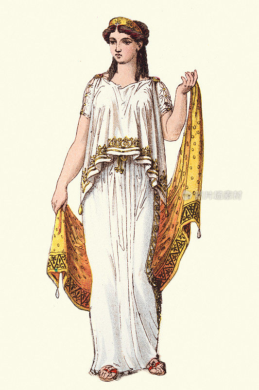 希腊穿着赤袍的年轻女子，古希腊古典时装