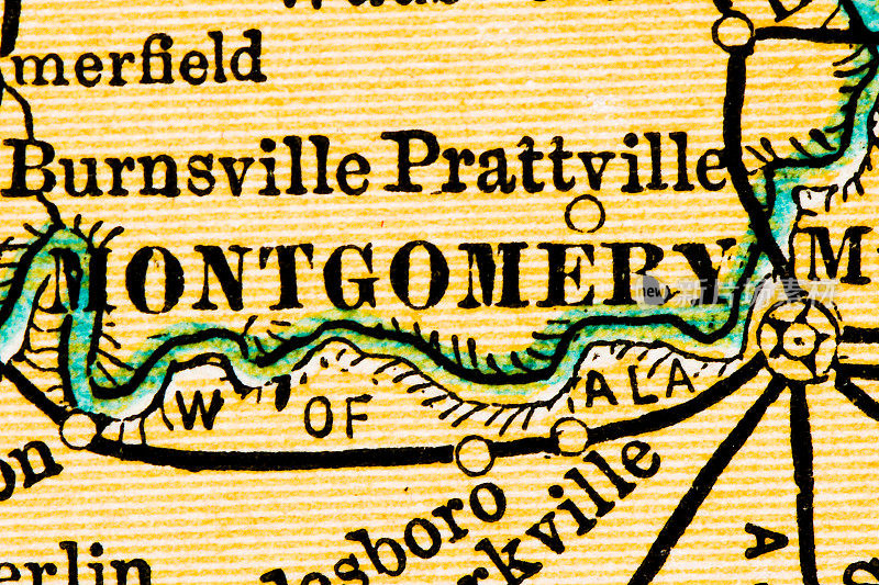 美国城市的名字，古地图上的特写:阿拉巴马州蒙哥马利