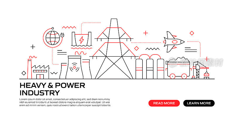 重型和电力工业网络横幅与线性图标，新潮的线性风格向量