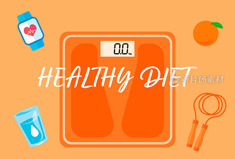 健康的饮食习惯。采购产品体重秤，智能手表，橘子，一杯水，跳绳。