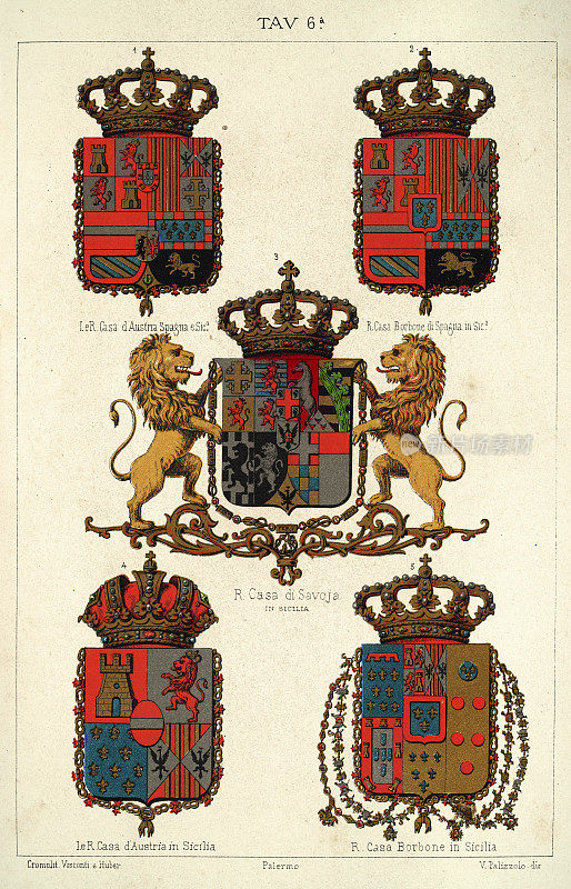 复古插图类型的中世纪盾牌和符号纹章，皇冠，狮子猖獗，徽章，意大利，西西里岛
