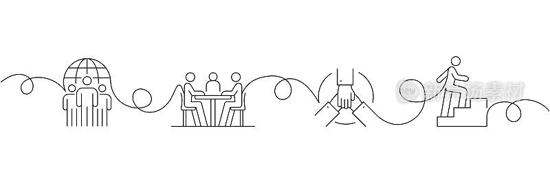 连续一行绘制商业人物图标的概念。单线矢量插图。协作、员工、会议、头脑风暴。