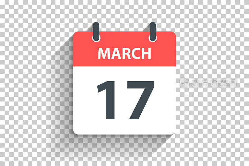 3月17日-每日日历图标在空白背景上的平面设计风格