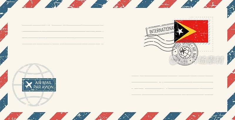 空白航空邮件垃圾信封贴东帝汶邮票。复古明信片矢量插图与东帝汶国旗孤立的白色背景。复古的风格。