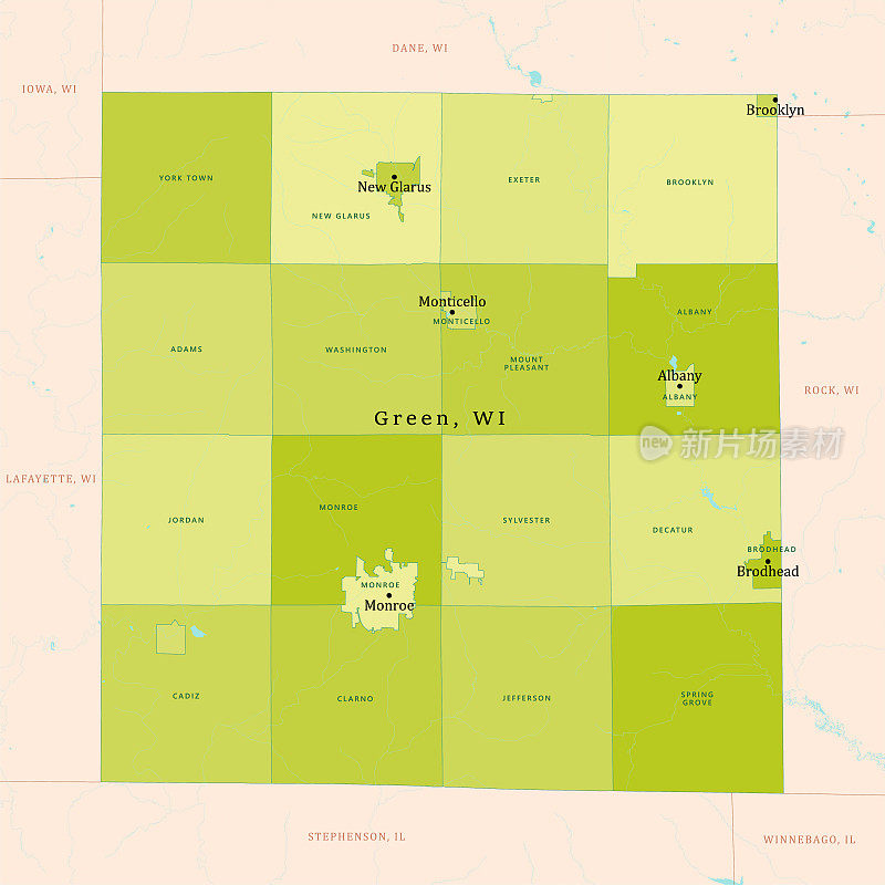 WI绿色县矢量地图绿色