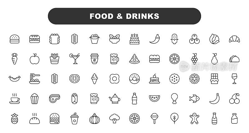 食品和饮料线图标。可编辑的中风。包含这样的图标，蔬菜，水果，面包，蛋糕，甜点，鱼，冰淇淋，肉，沙拉，快餐。