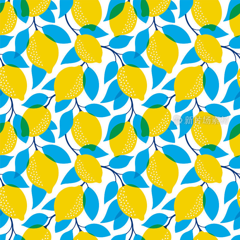 热带无缝模式与黄色柠檬。水果重复背景。矢量明亮印花织物或墙纸。