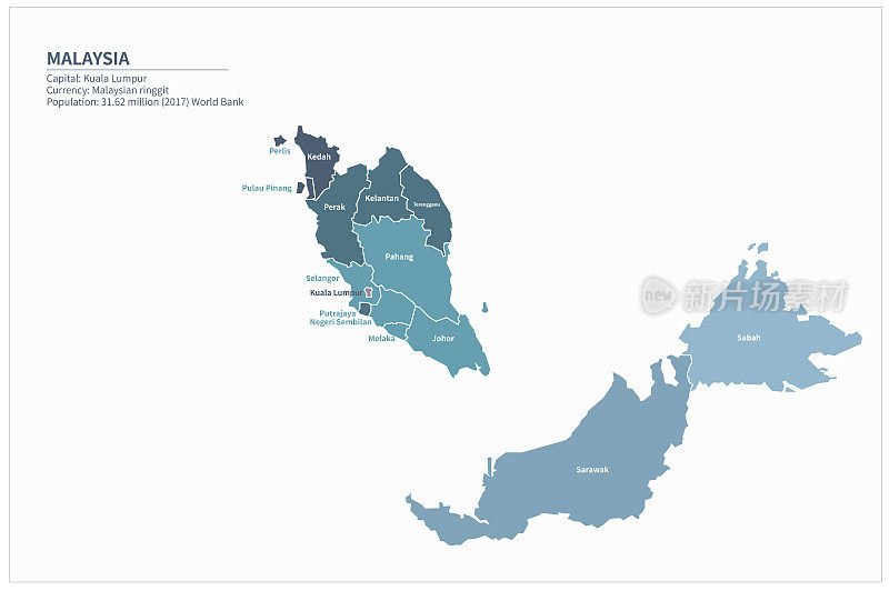 马来西亚地图。矢量地图马来西亚在亚洲国家