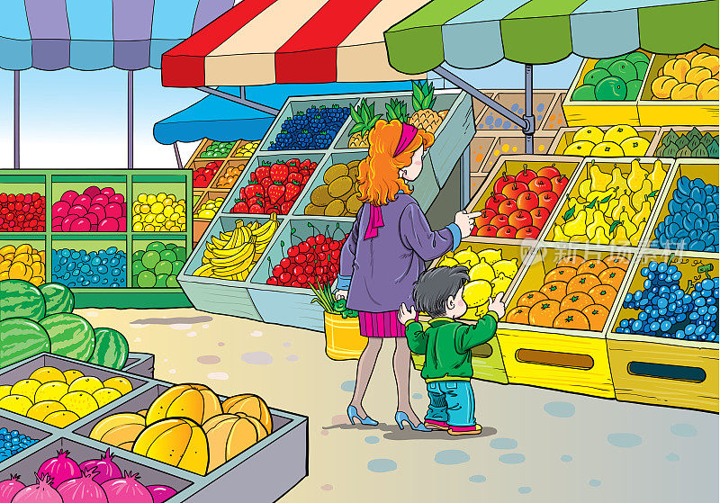 母亲和儿子在市场购物